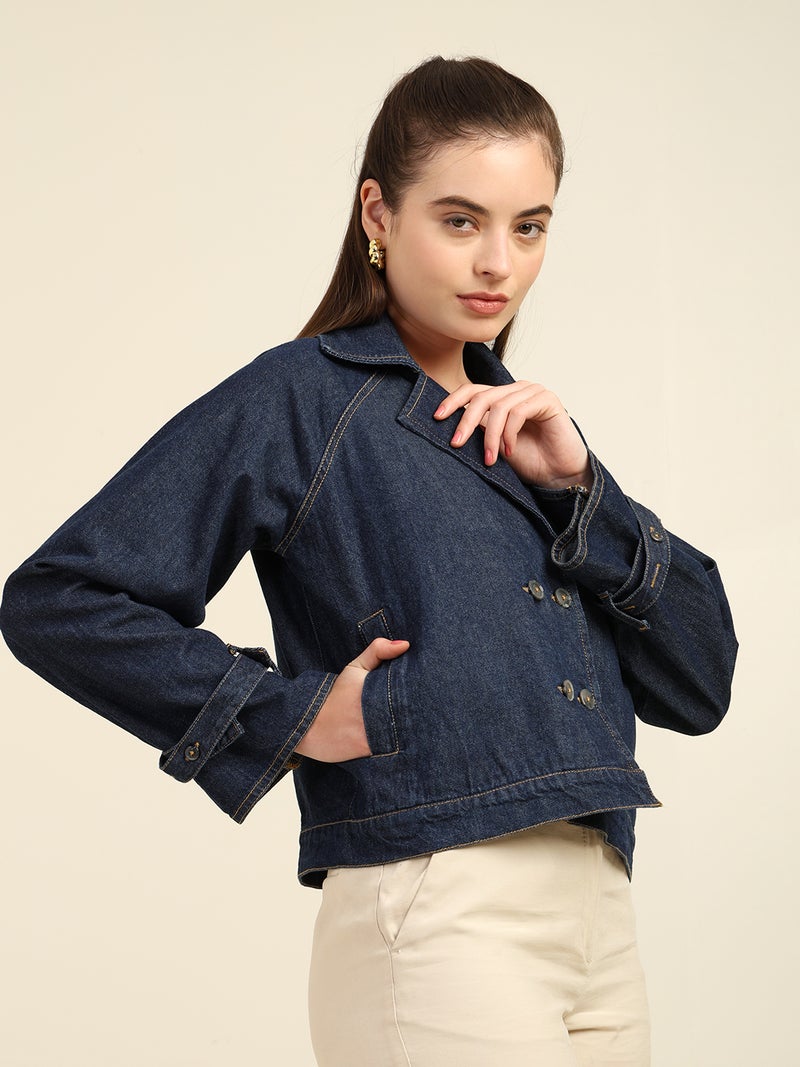 7OUNCE Denim Trench Jacket for Women - Dark Blue - Image 3